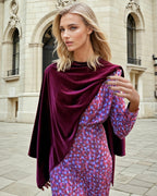 Women's burgundy velvet draped cape with asymmetric hem