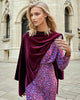 Women's burgundy velvet draped cape with asymmetric hem