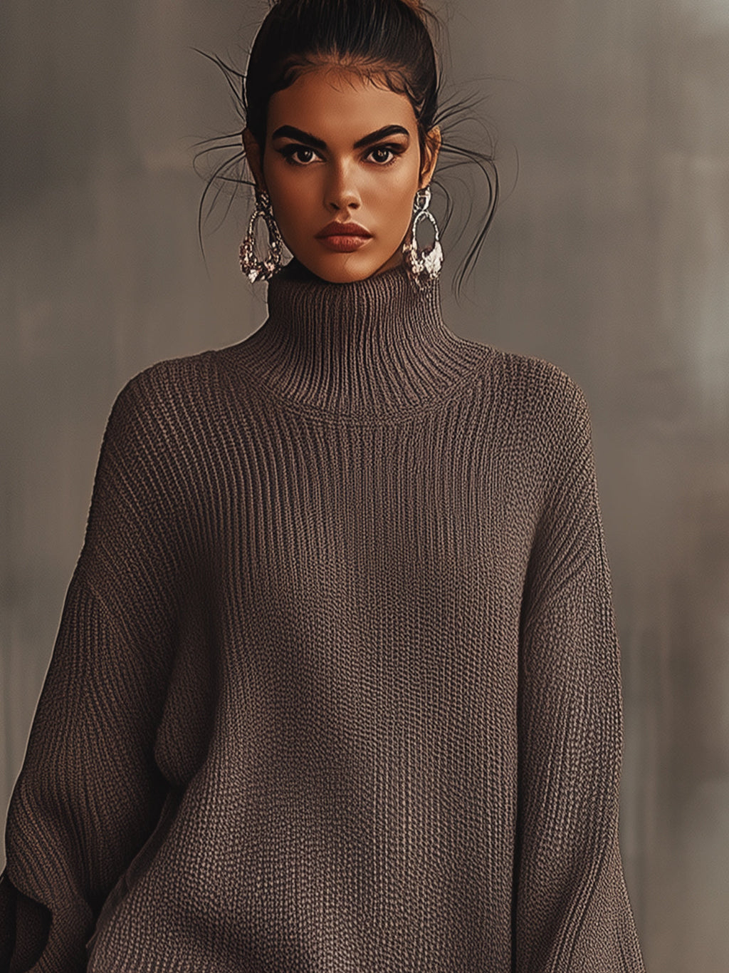 Women's brown turtleneck mini dress with long sleeves and ruffled hem