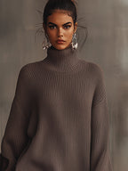 Women's brown turtleneck mini dress with long sleeves and ruffled hem