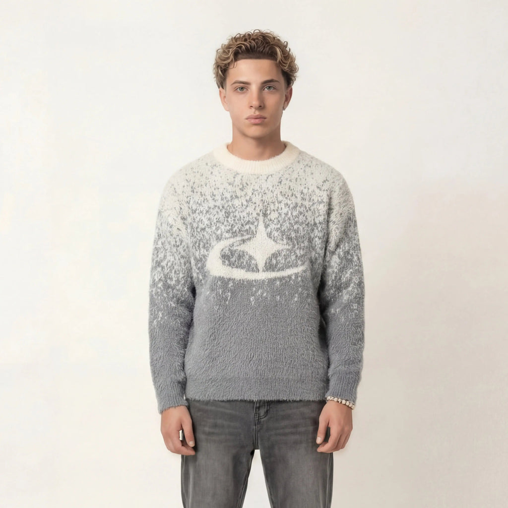 Unisex knitted sweater with crew neck, long sleeves and abstract contrast motif