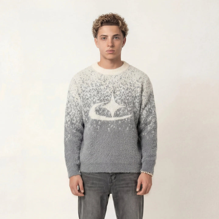 Unisex knitted sweater with crew neck, long sleeves and abstract contrast motif