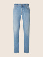 Men's light blue straight leg jeans with five-pocket styling
