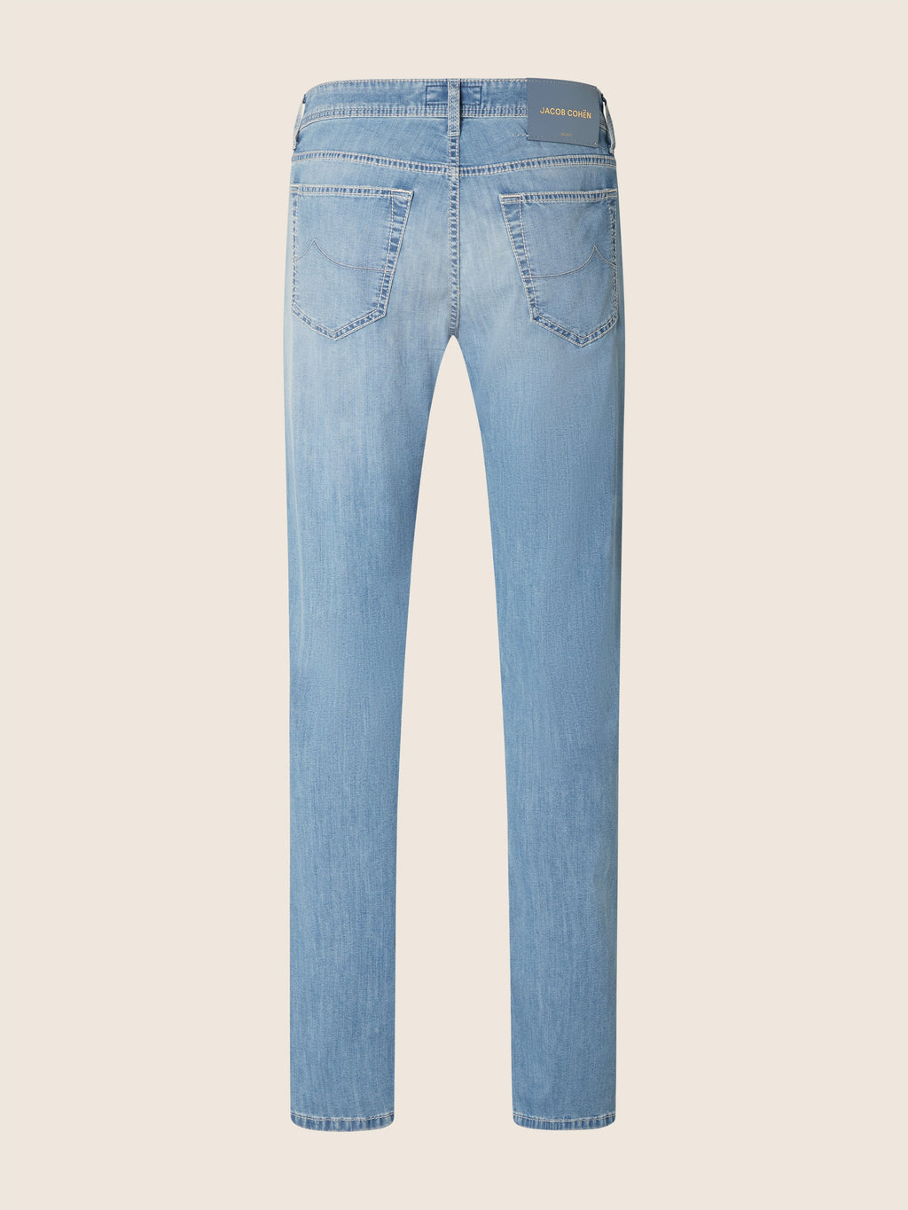 Men's light blue straight leg jeans with five-pocket styling