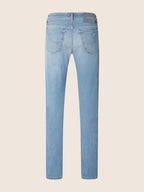Men's light blue straight leg jeans with five-pocket styling