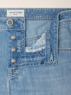 Men's light blue straight leg jeans with five-pocket styling