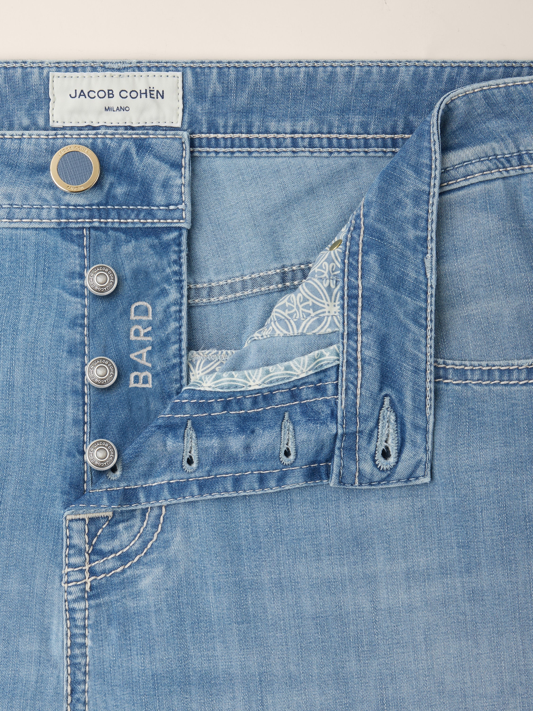 Men's light blue straight leg jeans with five-pocket styling