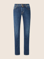 Blue straight-leg jeans with five-pocket styling