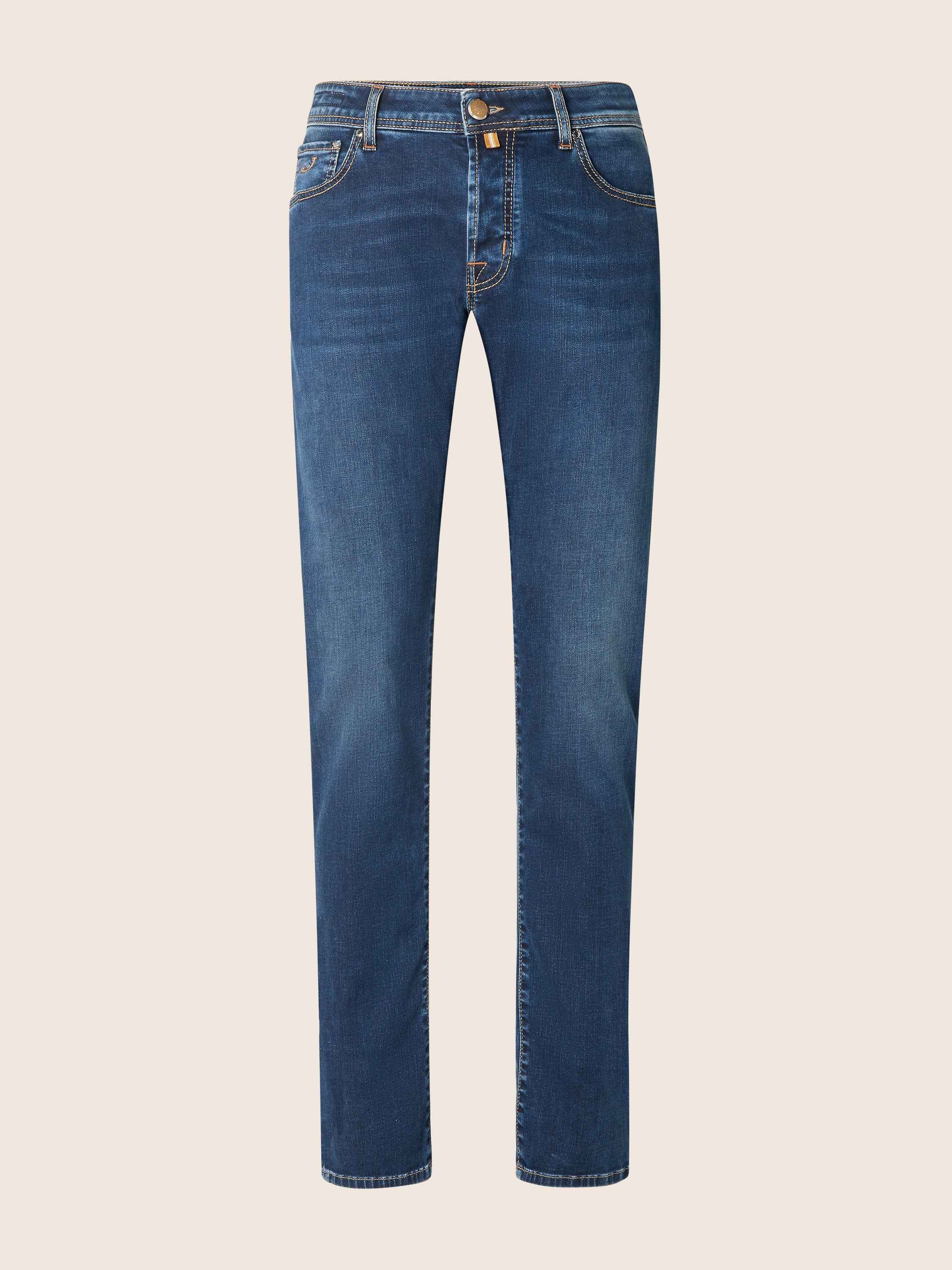 Blue straight-leg jeans with five-pocket styling