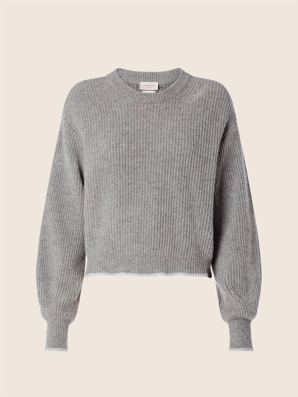 Women's grey ribbed cropped jumper with crew neck and long sleeves