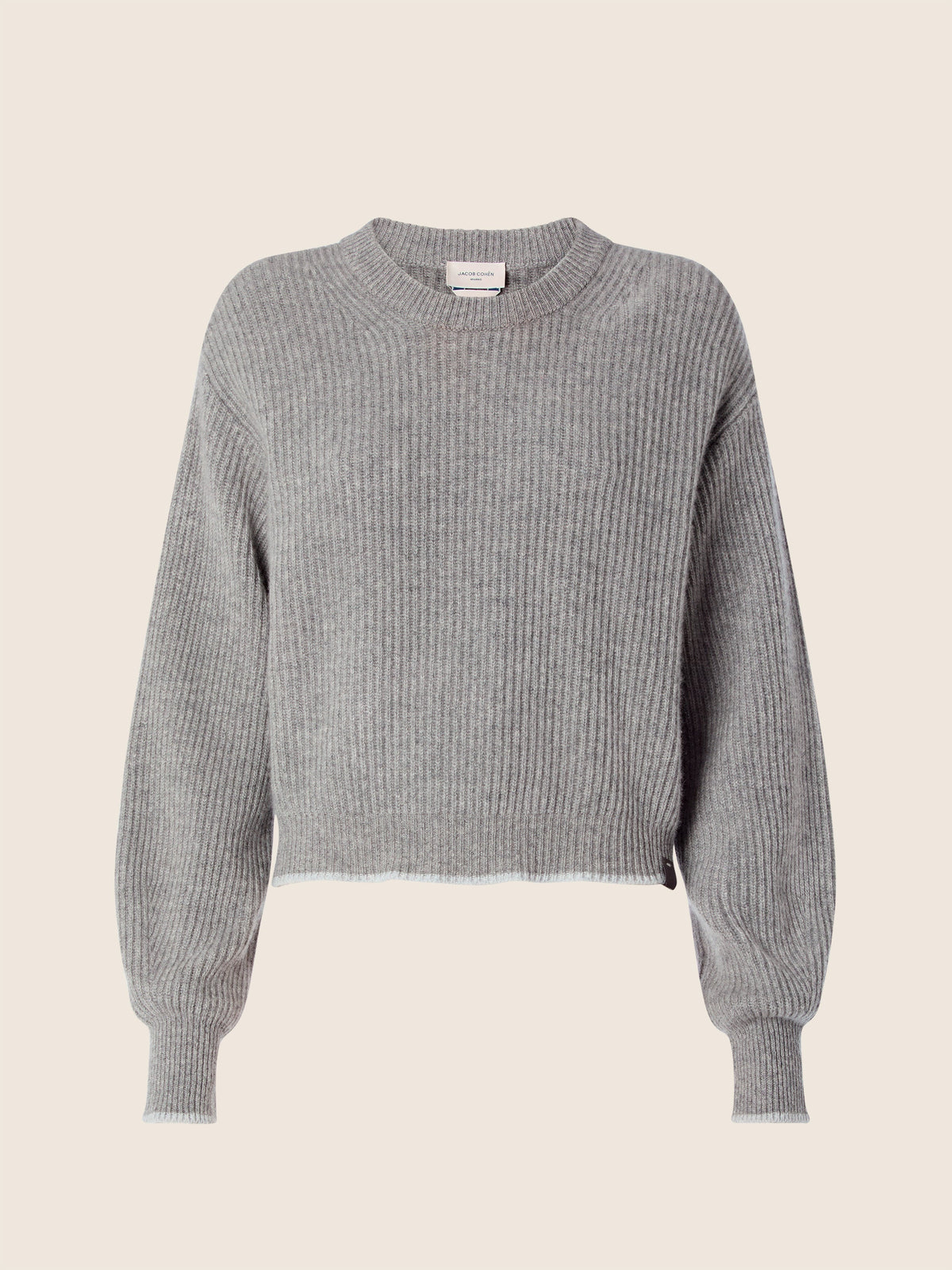Women's grey ribbed cropped jumper with crew neck and long sleeves
