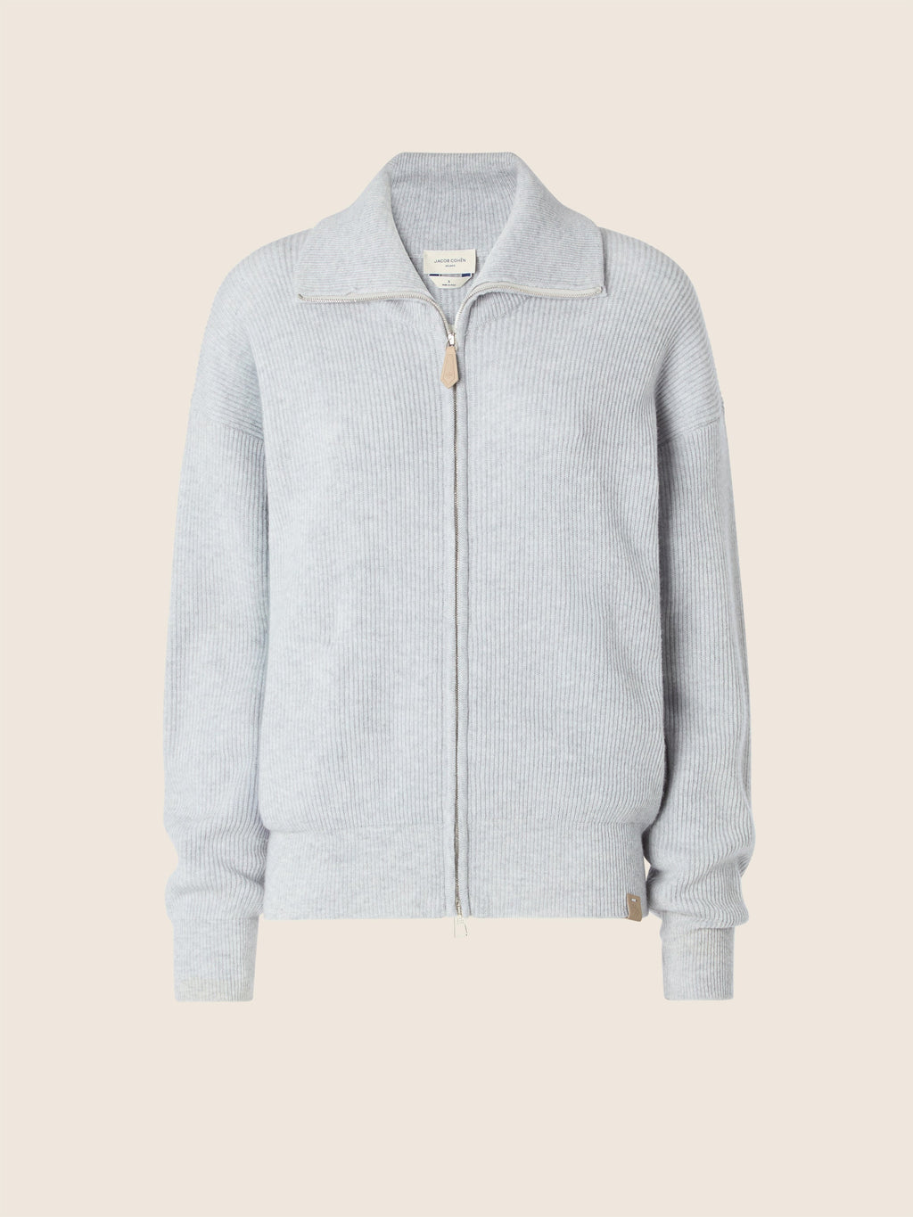 Women's grey ribbed cardigan with collar and front zip fastening