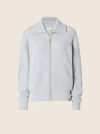Women's grey ribbed cardigan with collar and front zip fastening