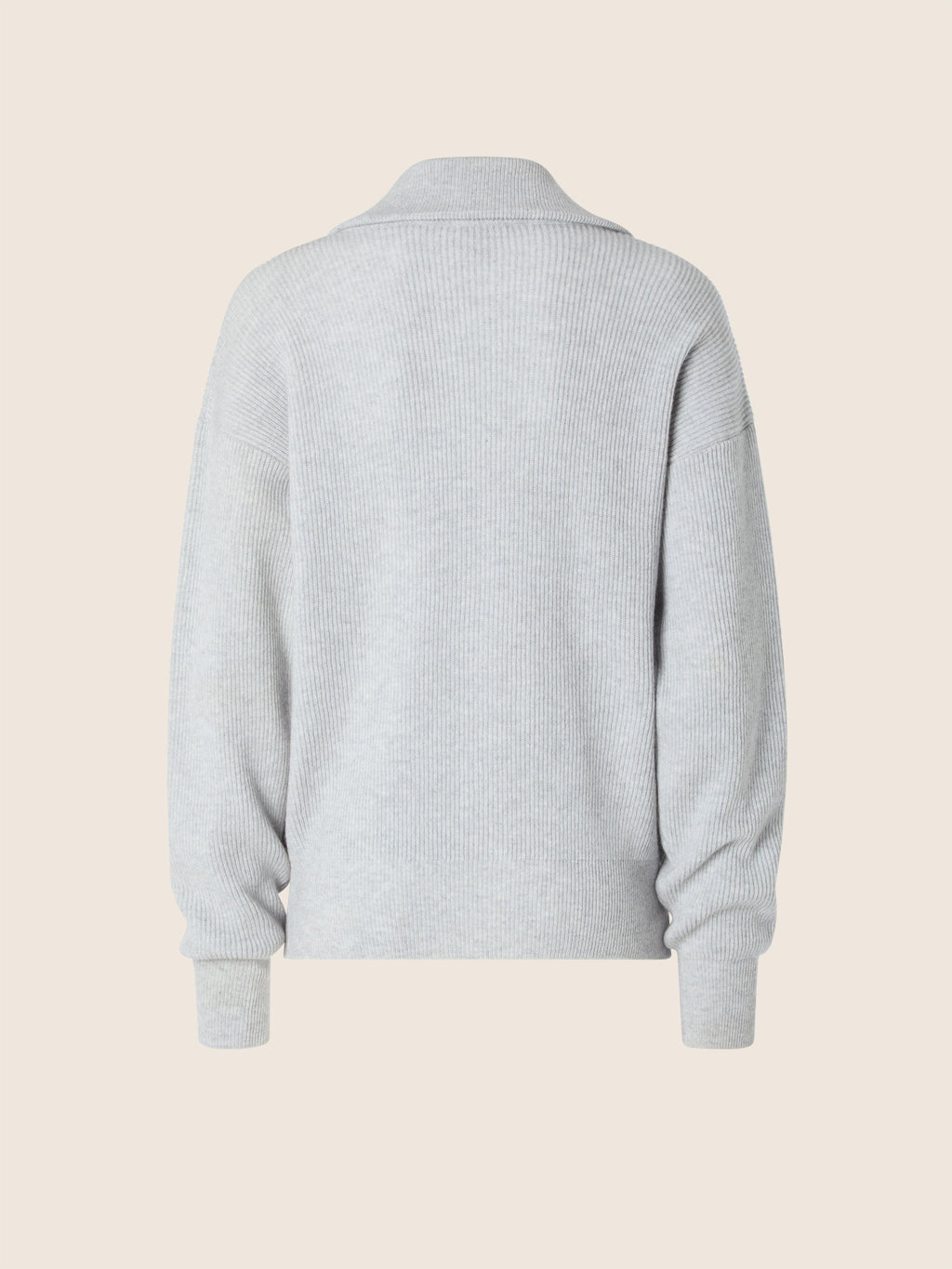 Women's grey ribbed cardigan with collar and front zip fastening