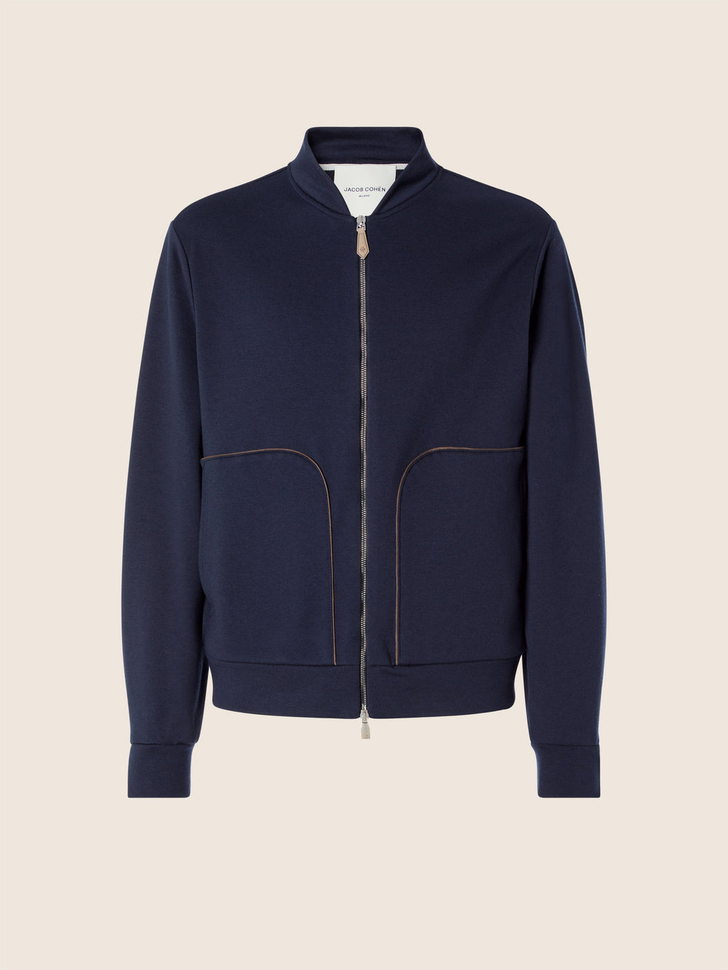 Men's navy zip-up sweatshirt with stand collar and front pockets