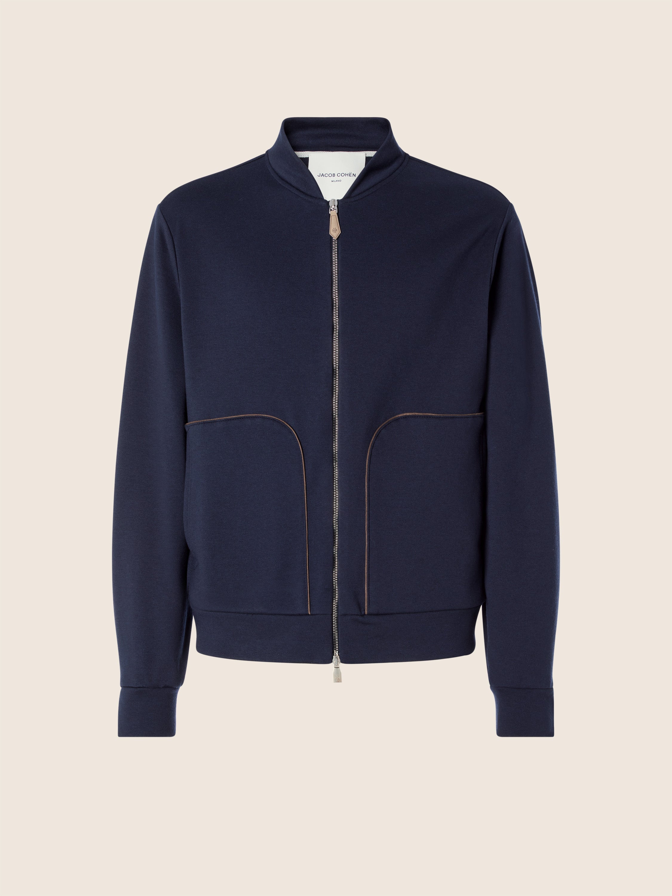 Men's navy zip-up sweatshirt with stand collar and front pockets