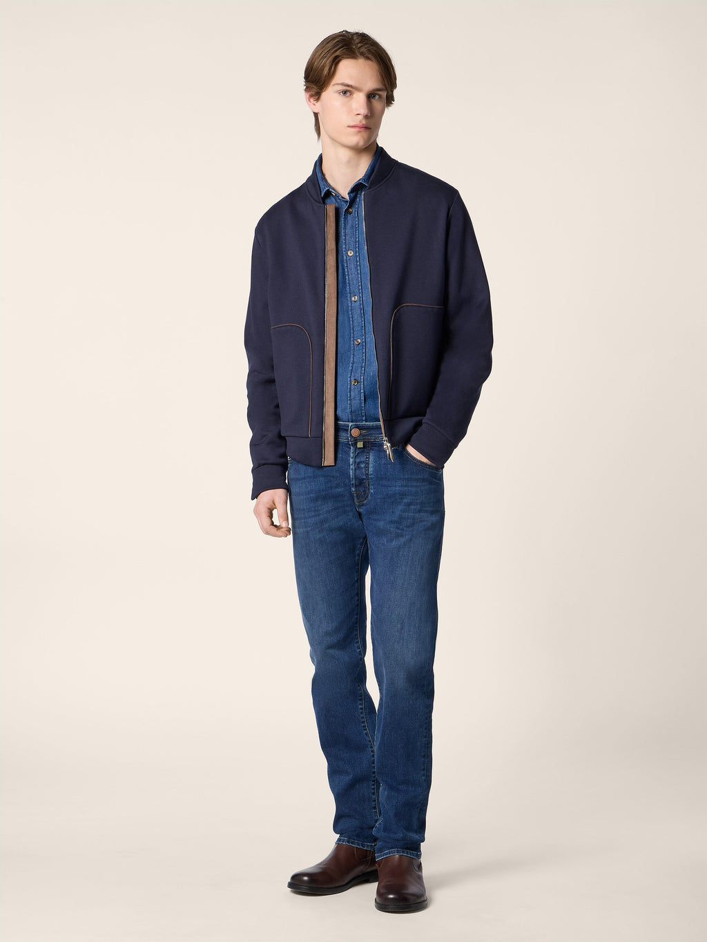 Men's navy zip-up sweatshirt with stand collar and front pockets