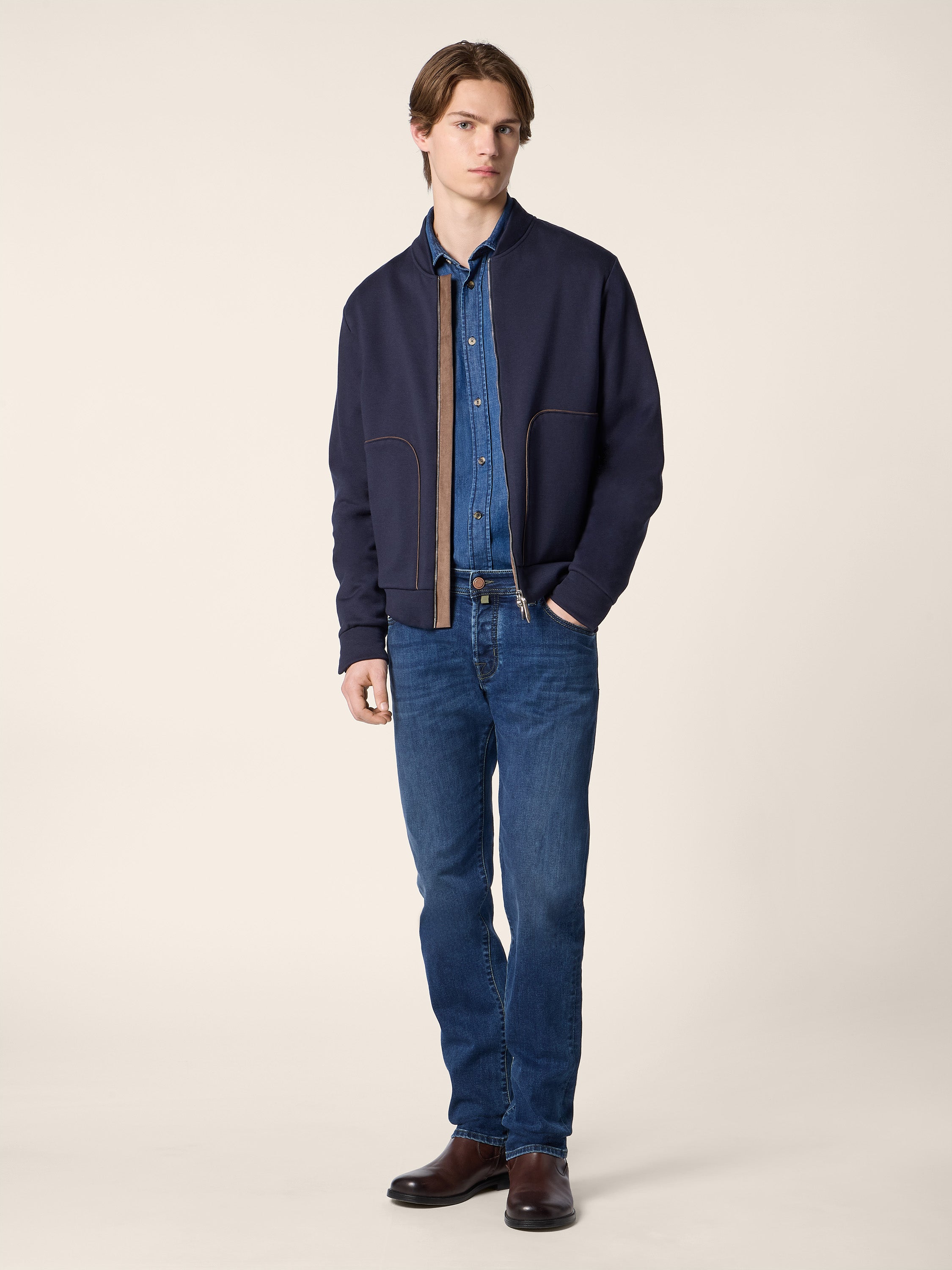 Men's navy zip-up sweatshirt with stand collar and front pockets