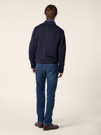 Men's navy zip-up sweatshirt with stand collar and front pockets