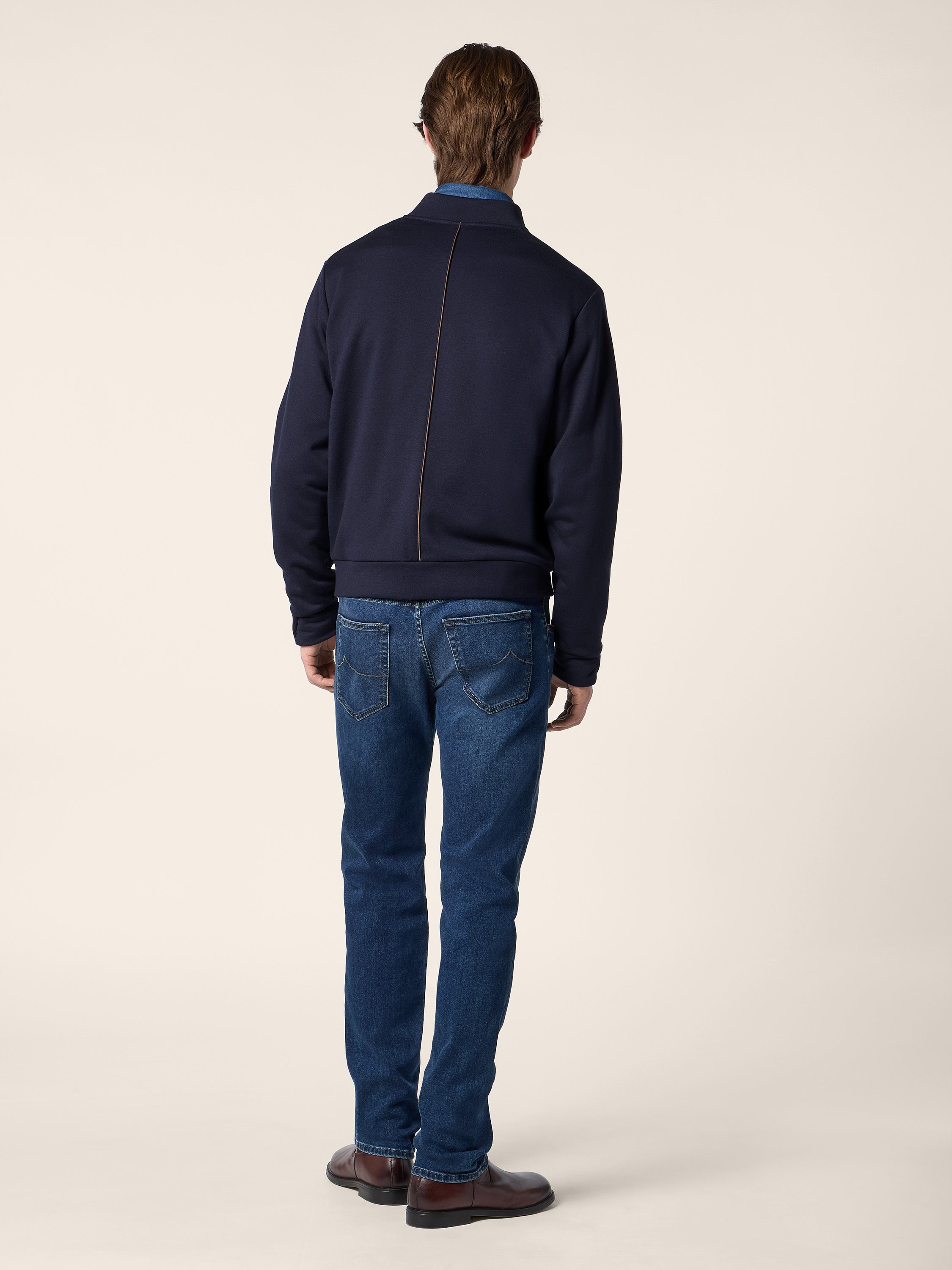 Men's navy zip-up sweatshirt with stand collar and front pockets