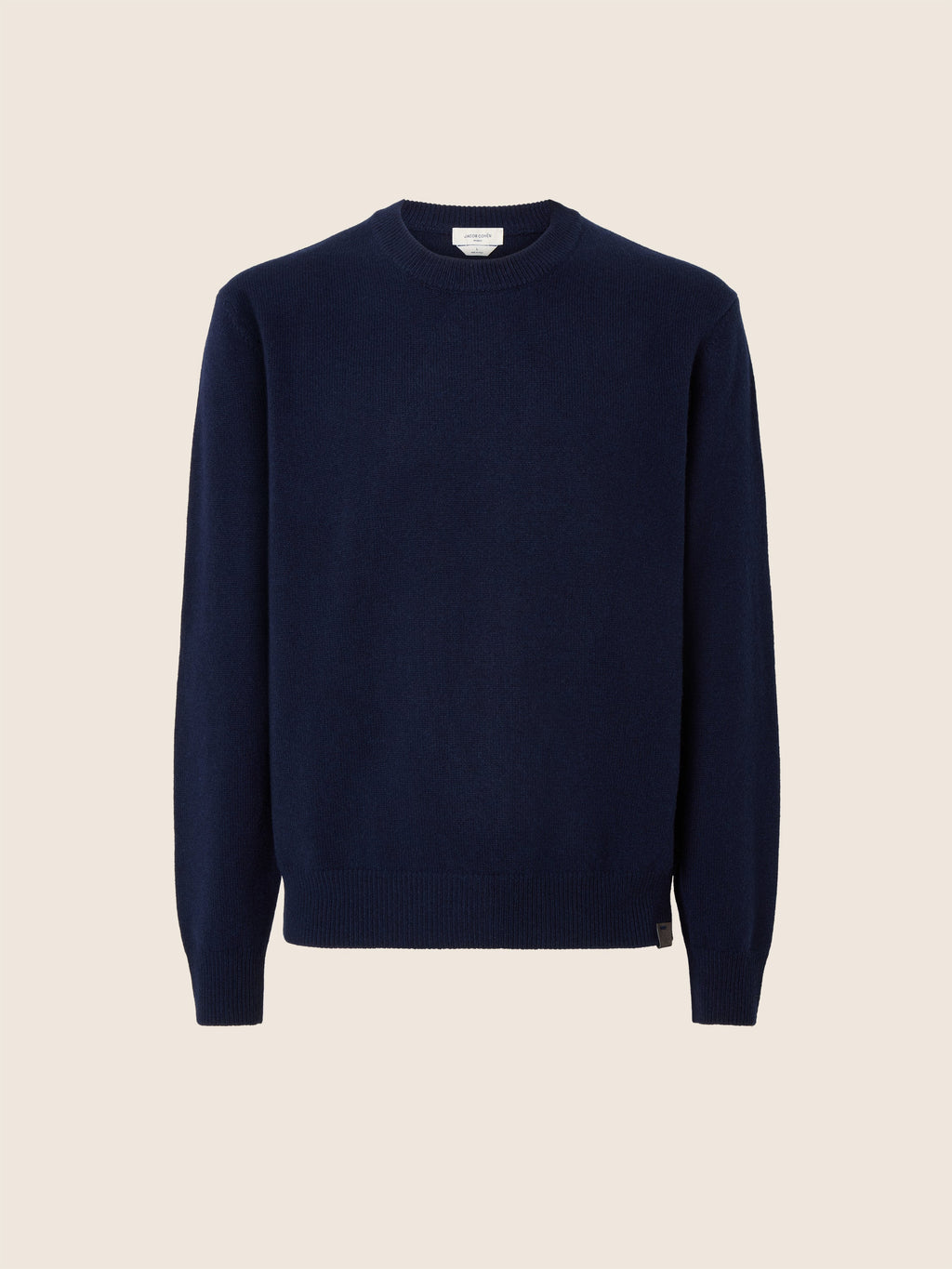 Men's navy crew neck sweater with long sleeves and ribbed trim