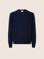 Men's navy crew neck sweater with long sleeves and ribbed trim