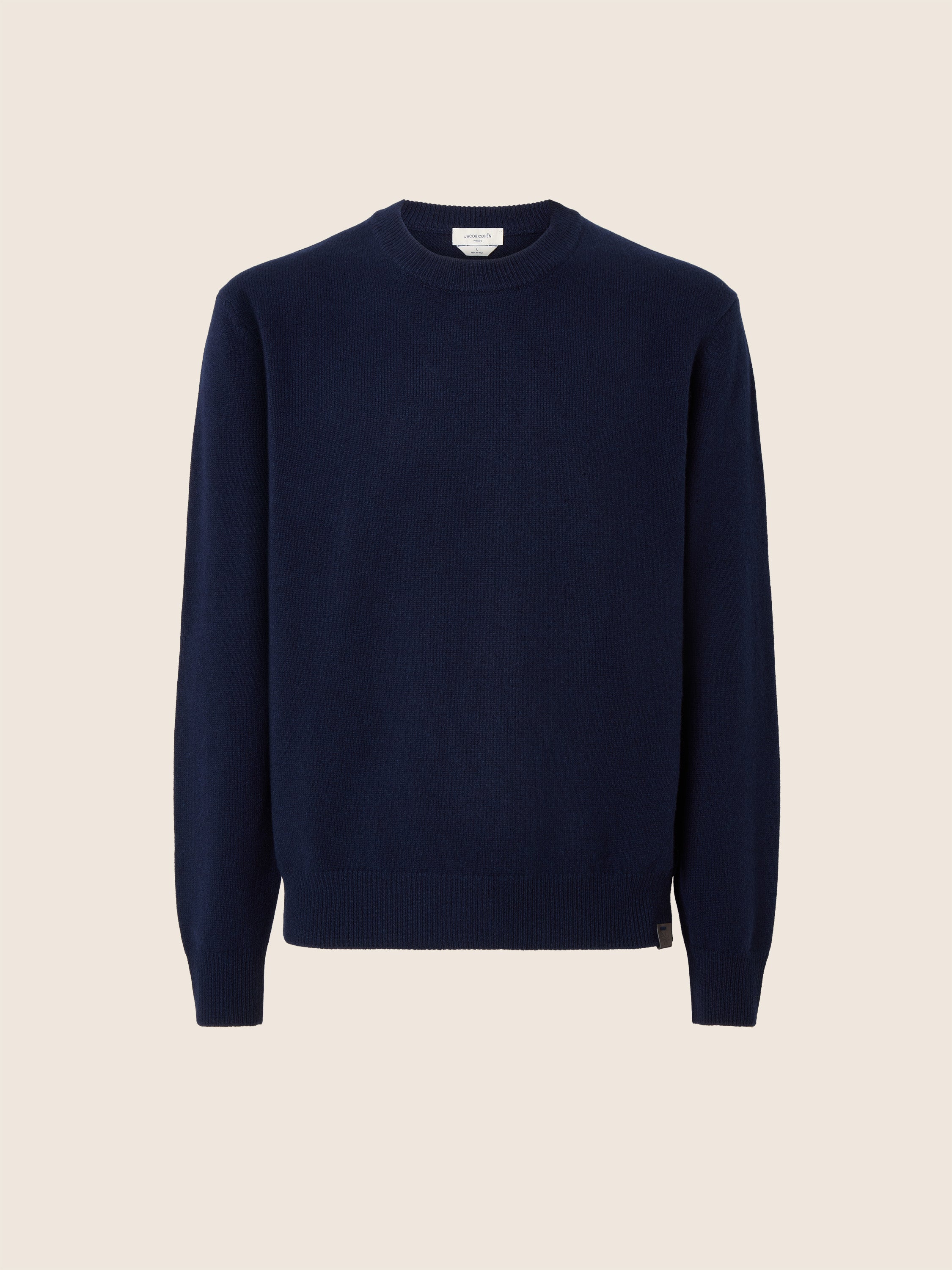 Men's navy crew neck sweater with long sleeves and ribbed trim