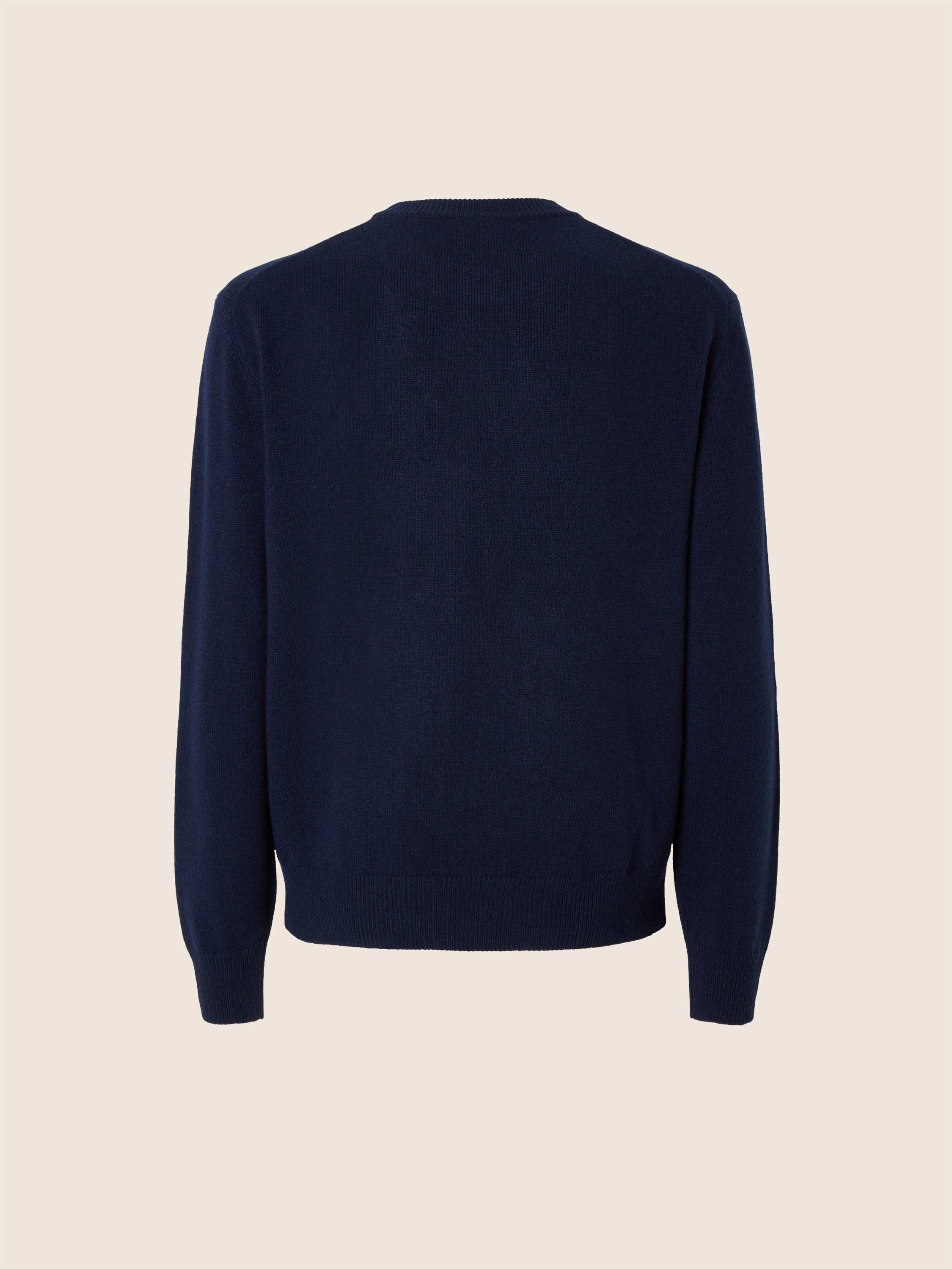 Men's navy crew neck sweater with long sleeves and ribbed trim