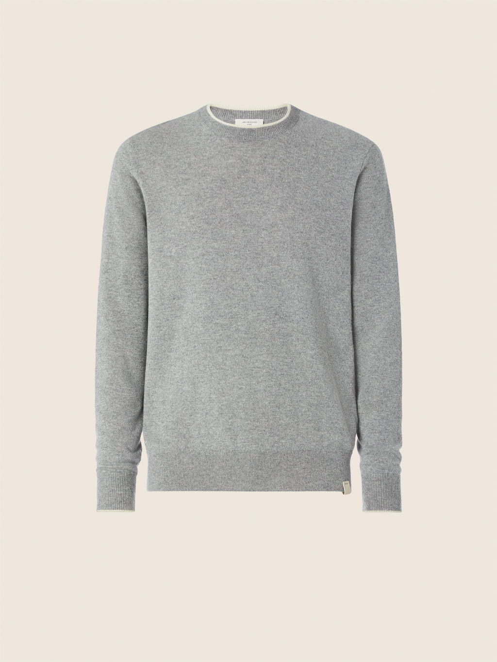 Men's grey crew neck jumper with long sleeves and ribbed trims