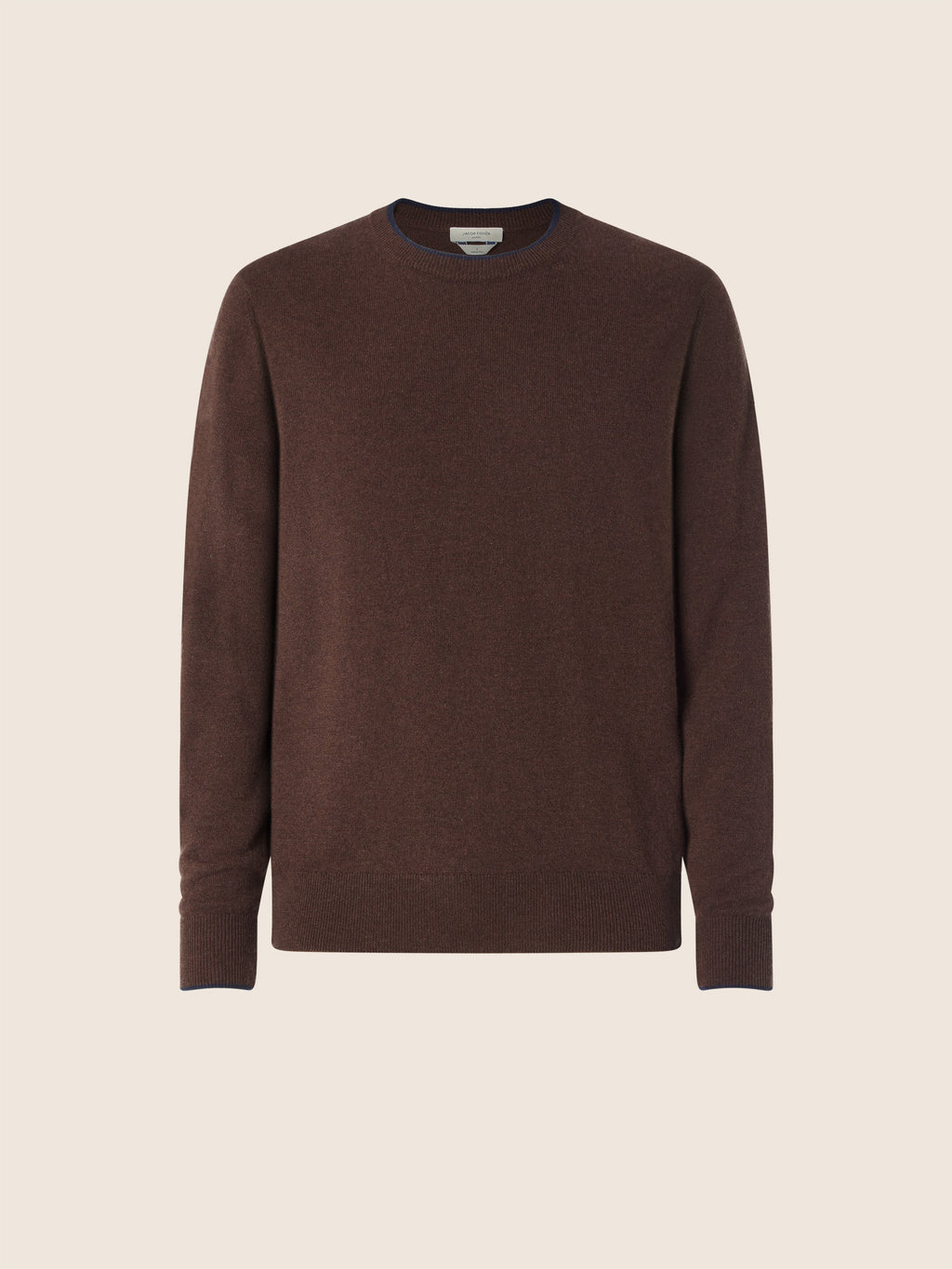 Men's brown plain crew neck sweater with long sleeves and ribbed trims