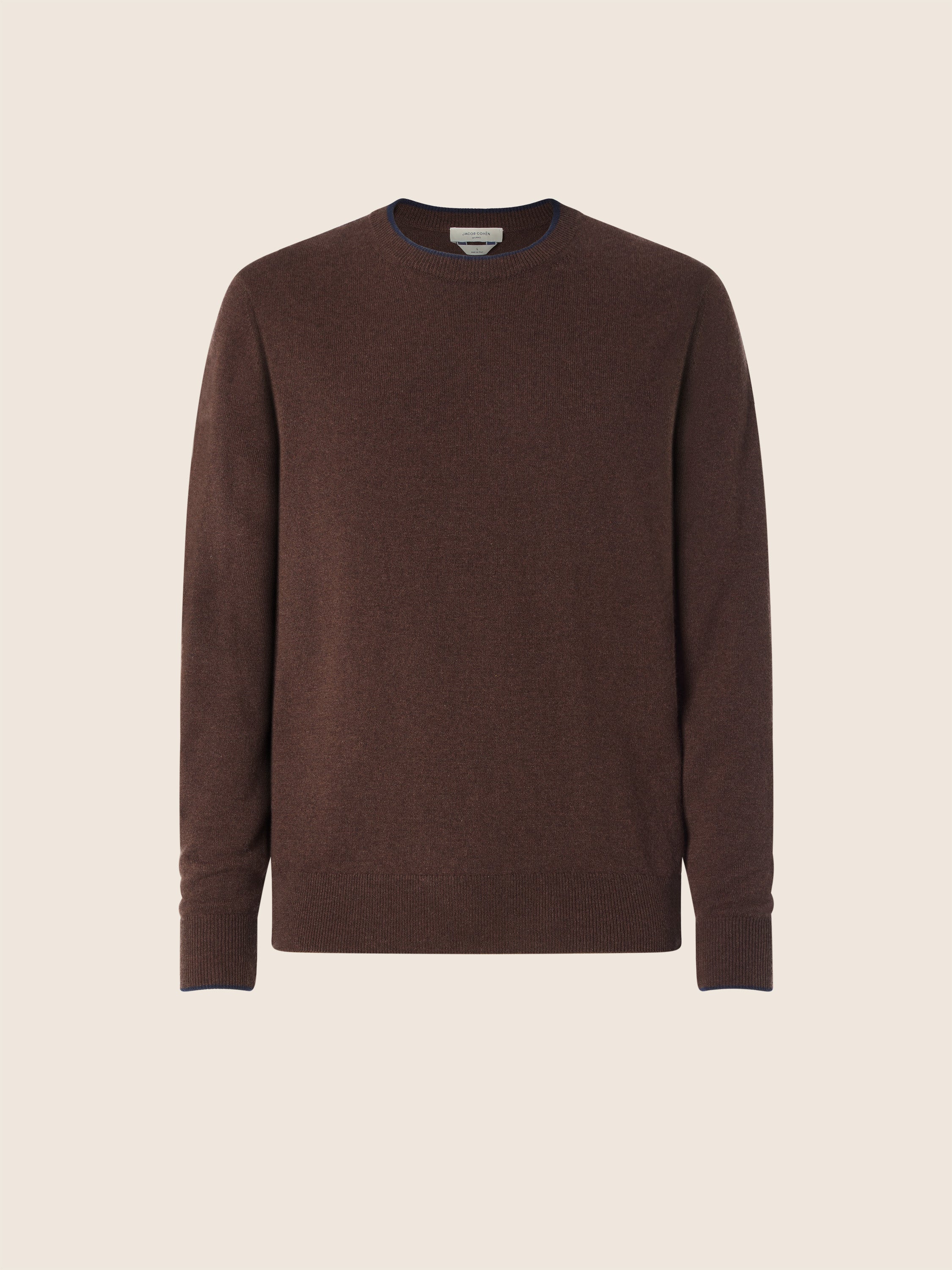 Men's brown plain crew neck sweater with long sleeves and ribbed trims
