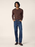 Men's brown plain crew neck sweater with long sleeves and ribbed trims