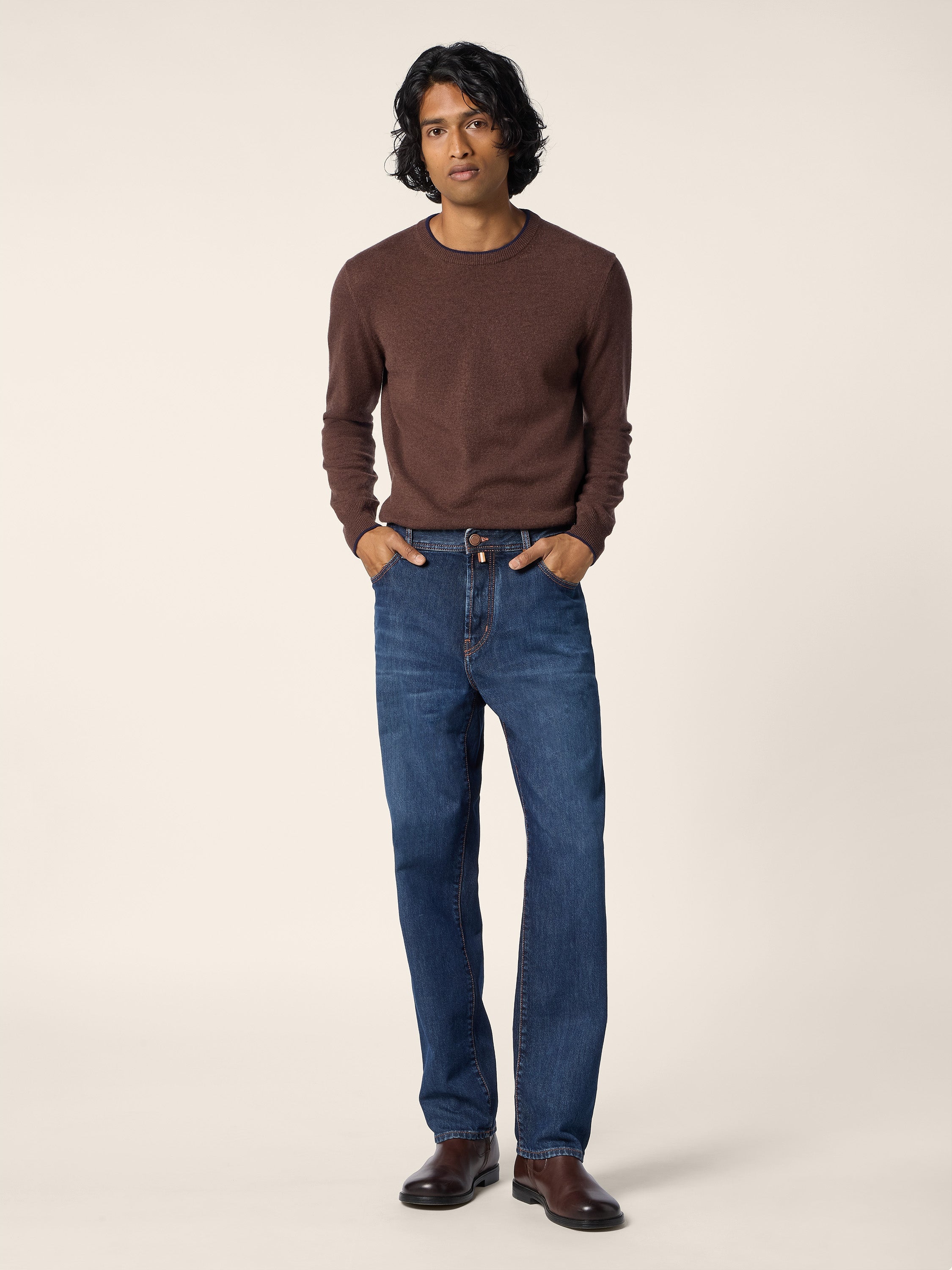 Men's brown plain crew neck sweater with long sleeves and ribbed trims