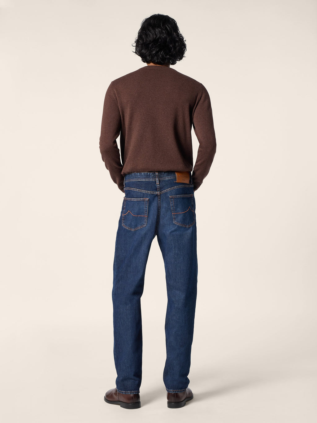 Men's brown plain crew neck sweater with long sleeves and ribbed trims