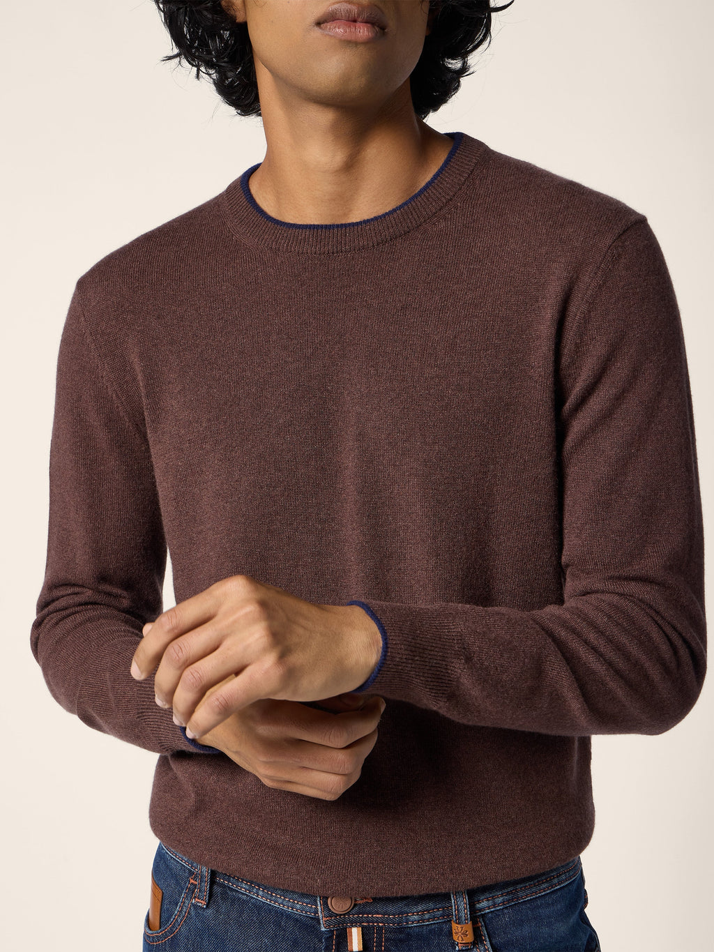 Men's brown plain crew neck sweater with long sleeves and ribbed trims
