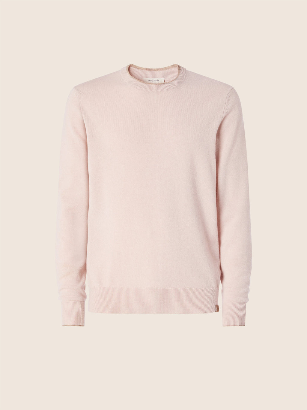Men's pale pink crew neck jumper with long sleeves and ribbed trims
