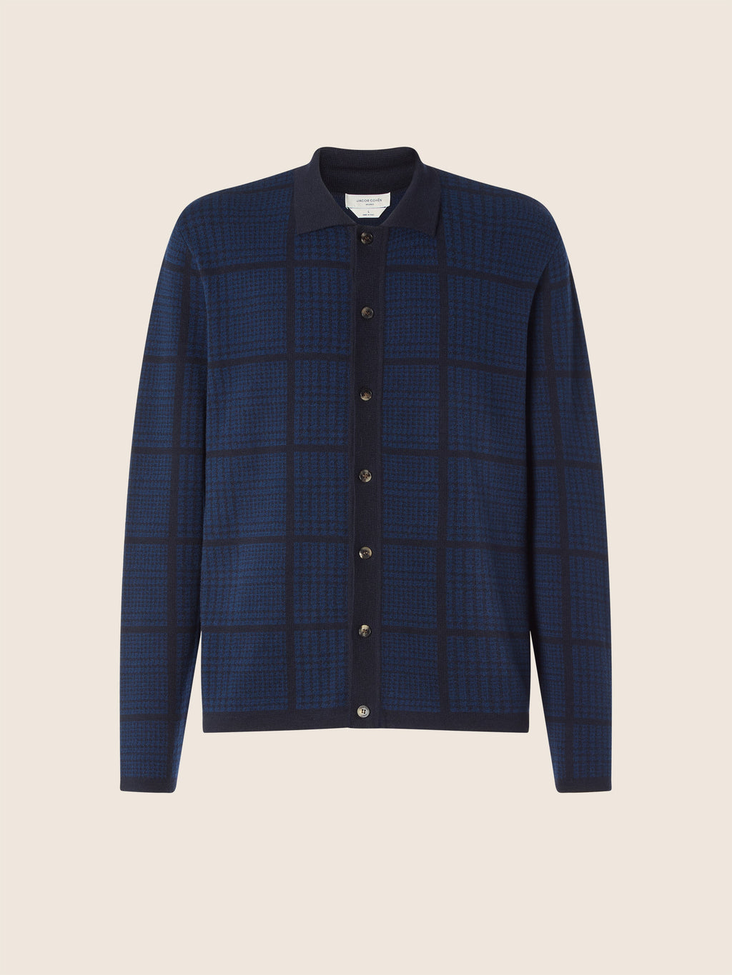 Men's blue checked jacquard cardigan with collar and button front