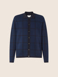 Men's blue checked jacquard cardigan with collar and button front