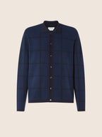Men's blue checked jacquard cardigan with collar and button front