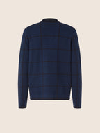 Men's blue checked jacquard cardigan with collar and button front