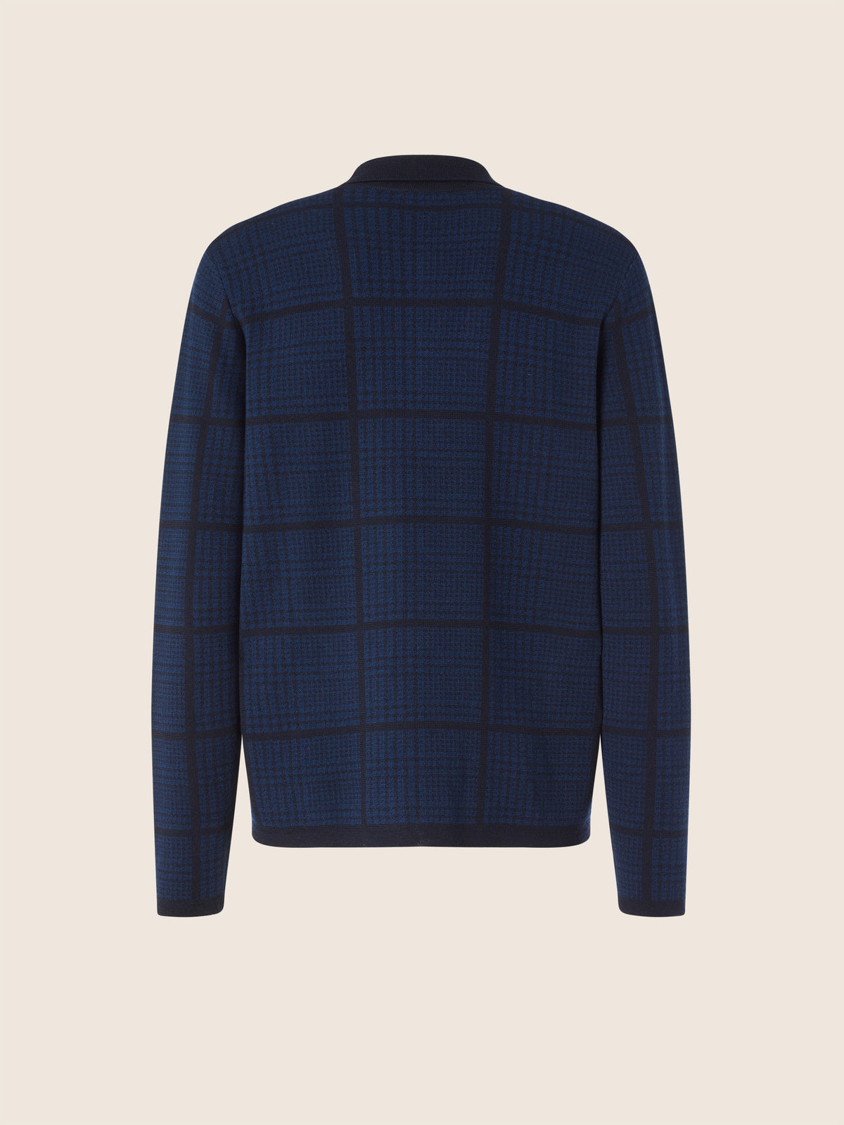 Men's blue checked jacquard cardigan with collar and button front