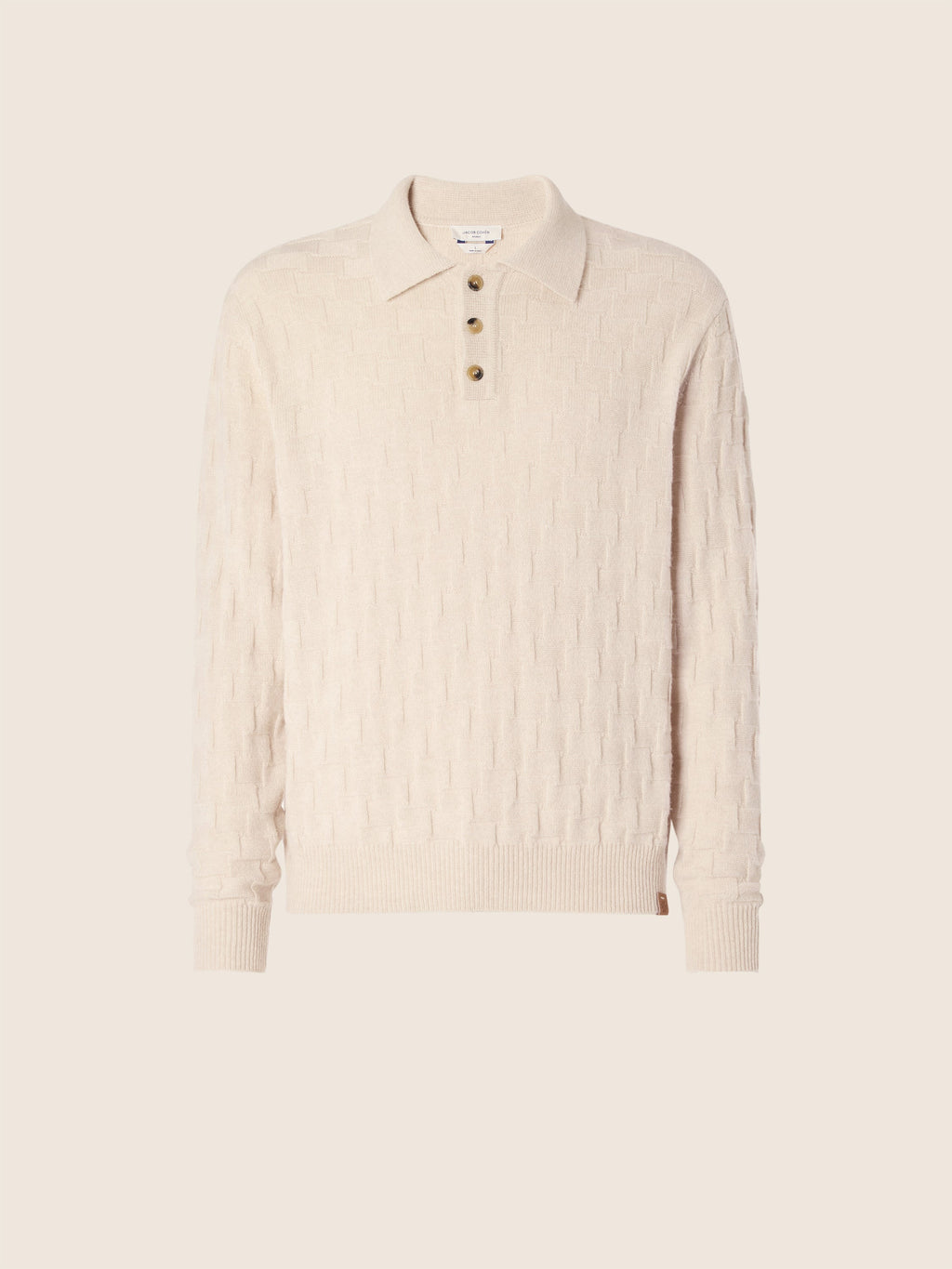Men's cream textured polo jumper with long sleeves and button placket