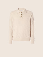 Men's cream textured polo jumper with long sleeves and button placket
