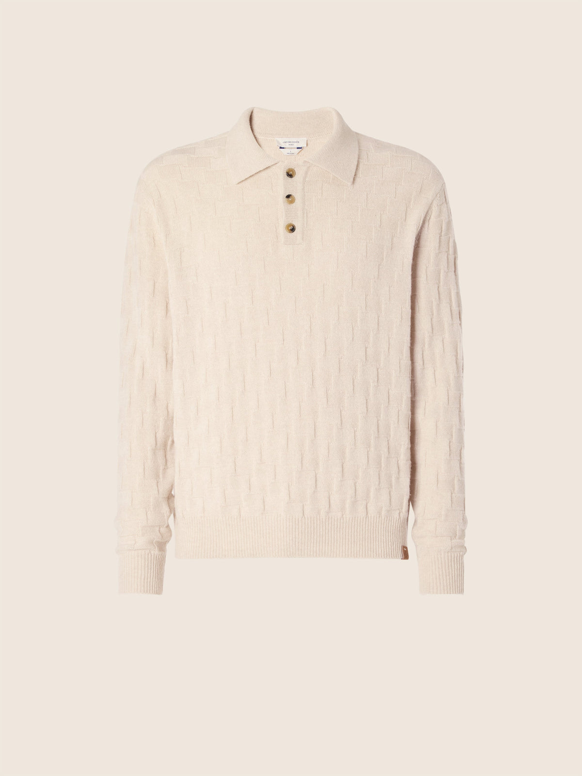 Men's cream textured polo jumper with long sleeves and button placket