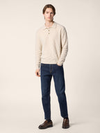 Men's cream textured polo jumper with long sleeves and button placket