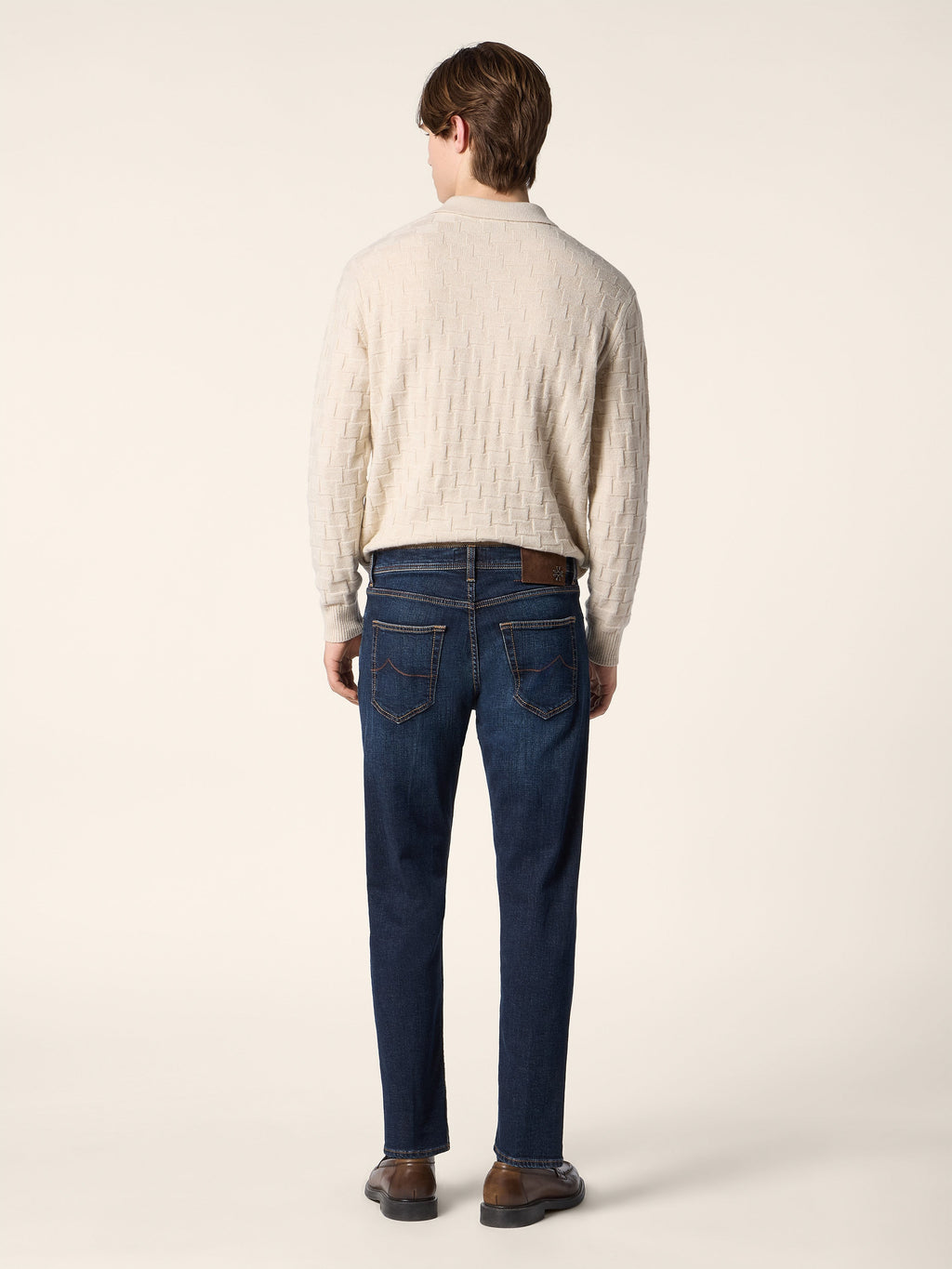 Men's cream textured polo jumper with long sleeves and button placket