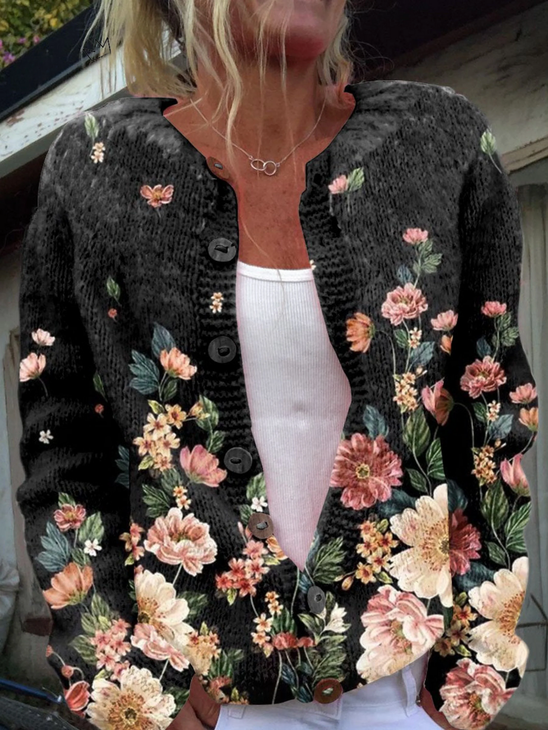 Women's black floral button cardigan with long sleeves