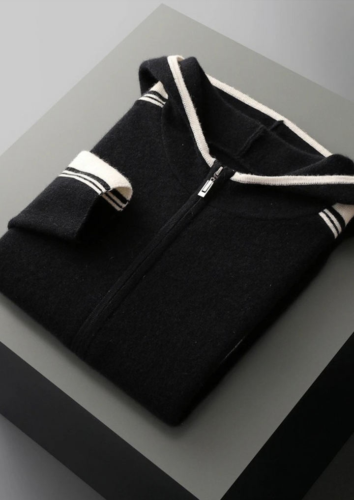 Men's knit hooded tracksuit set with contrast stripes on the sleeves and legs
