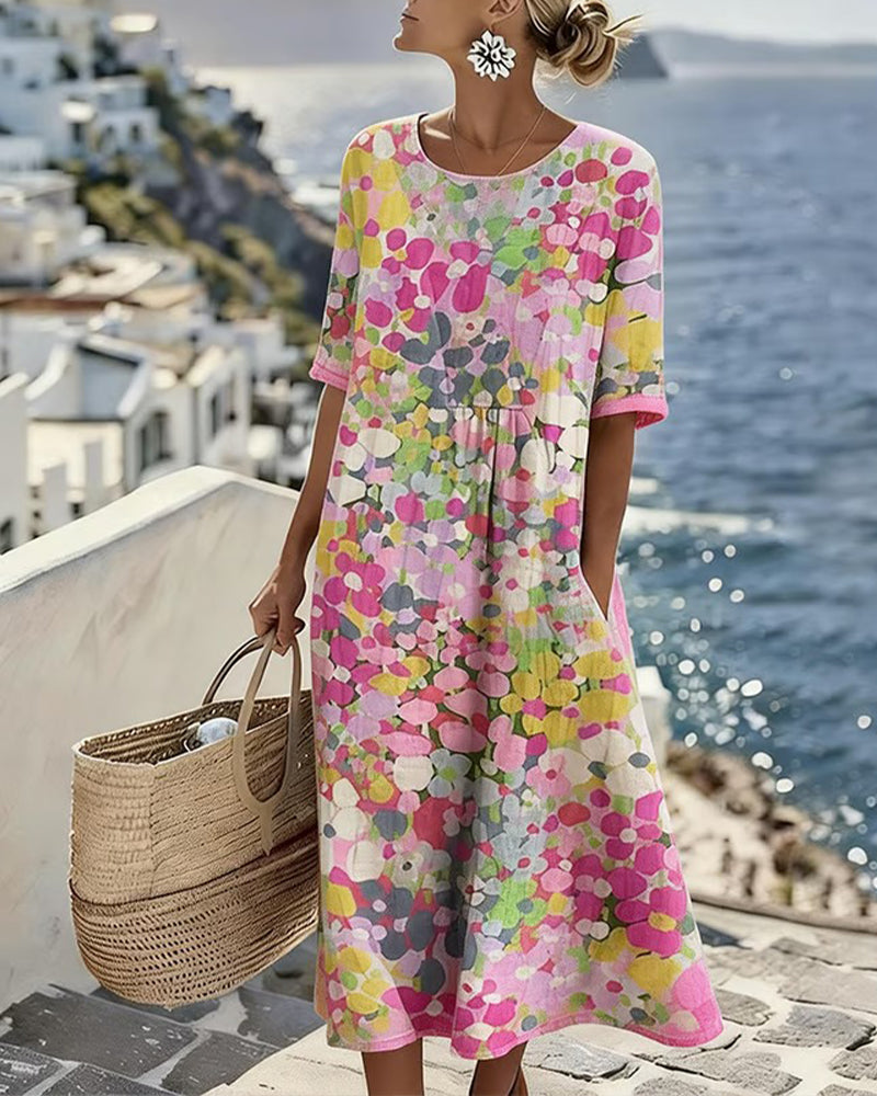Women's multicolour floral print midi dress with round neck and 3/4 sleeves