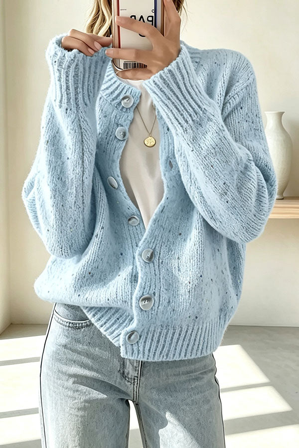 Women's knitted cardigan with scattered dots, long sleeves and button front